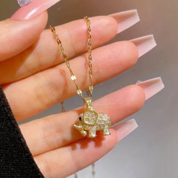 Stainless Steel Elephant Pendant Necklace in Gold Tones and embedded Zirconia - Picture 9 of 11